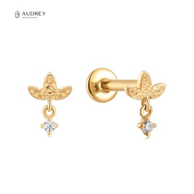 China Wholesale Hypoallergenic Audrey Fine Jewelry 14K Solid Gold Hole Piercing Jewelry Earring Flower Drop Diamond Flat Back Studs Gemstone for sale