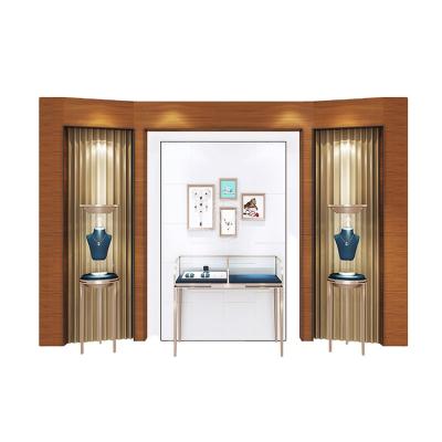 China Luxury Custom Wooden Retail Store Jewelry Display Showcase Wall Mounted Design for sale