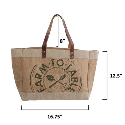 China Reusable Shopping Handled Tote Cotton Jute Burlap Grocery Bag With Handle Jute Leather Tote Bags for sale