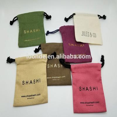 China Small Recyclable Recycled Dyed Cotton Canvas Drawstring Bag With Gold Printing for sale