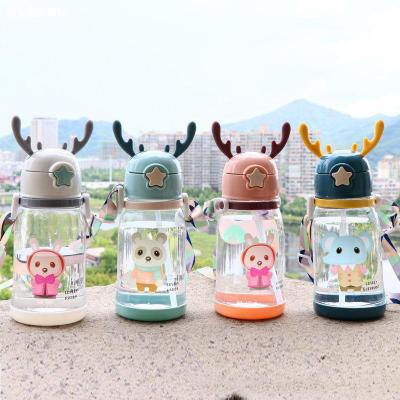 China New Cartoon Antlers Viable Student Straw Water Bottle Portable Strap Baby Kids Kindergarten Cup Milk Plastic Bouncing Water For Bottle for sale