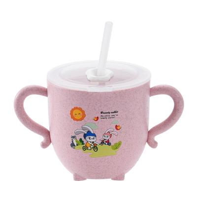 China Sustainable Hot Sale Baby Drinking Cup Wheat Straw Creative Children Milk Cup Double Handle Kids Drink Cups With Straw for sale