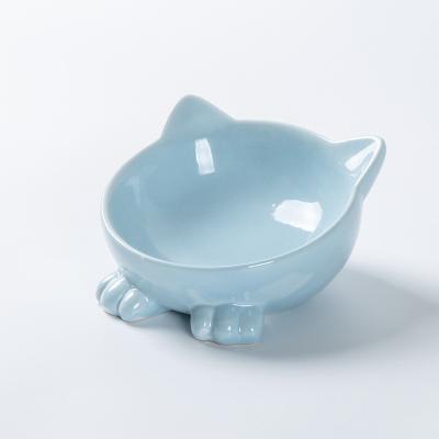 China Viable Factory Wholesale Multi Colors Cat Head Shape Neck Guard Luxury Raised Ceramic Pet Feeding Bowl for sale