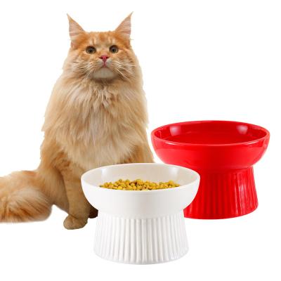 China Sustainable Fashion Modern Round Striped Neck Ceramic Luxury High Protection Cat Dog Pet Feeding Bowl for sale