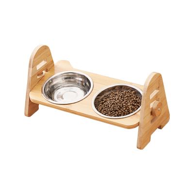 China Viable Adjustable Bamboo Pet Cat Bowl Ceramic Double Frame Bowl Protect Spine Anti-rollover Pet Cervical Bowl for sale