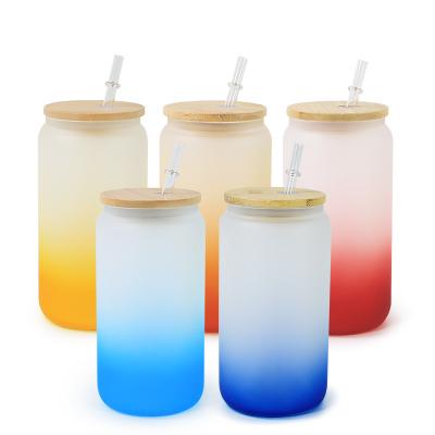 China US Warehouse CLASSIC Heat Transfer Frosted Colored Frosted Glass Mug 16oz 500ml Gradient Coke Bottle Beer Mug With Lid And Bamboo Straw for sale