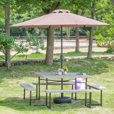 China Modern Portable Outdoor Garden Beach Furniture Picnic Table with Removable Umbrella Camping Table and Bench Chair Set for sale