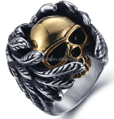 China Fashionable Jewelry Antique KL003 Huilin Feather Gold Color Stainless Steel Jewelry Silver Skull Ring For Men for sale