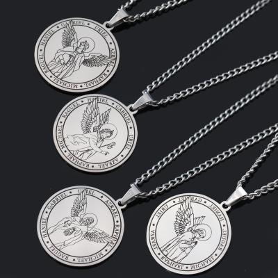 China Men's Round Angel Wing Medal Necklace Fashionable Titanium Steel Seven Angels Necklace Pendant Religious Mark for sale