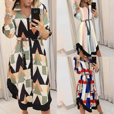 China Lady Cover Up Women Anti-Static Summer Spring V-Neckline Sash Spring Long Sleeve Wave Print Shirt Dress Casual Loose Midi Dress Plus Size for sale