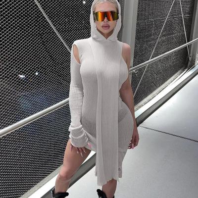 China Anti-Static Skinny Ribbed Hooded Streetwear Villain Clothes Autumn Spring Clubwear Tight Dress One Sleeve Knit Asymmetrical Midi Dresses for sale