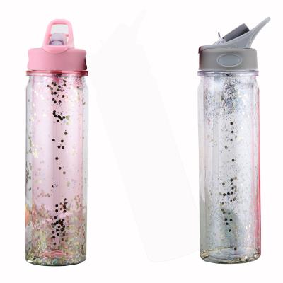 China Custom Suction Plastic Water Bottle Viable Tritan Spout Double Wall For Lady Gift Double Wall Plastic Bottle for sale