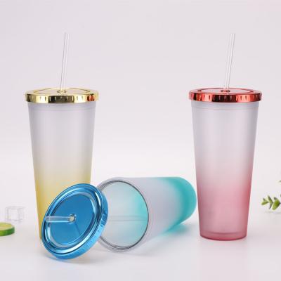 China Viable Promotional Modern Double Wall Tea Milk Cup Ice Cream Maker Supply 16oz Plastic Bottle With Straw For Daily Life for sale