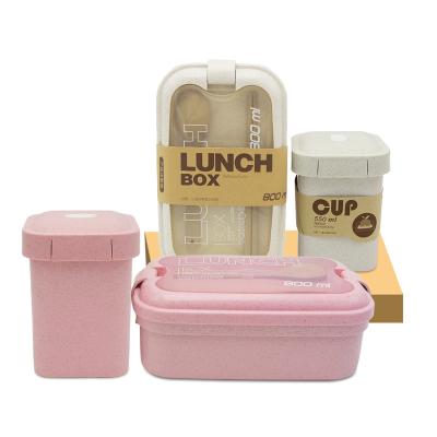 China Single Wall Leakproof 800ml Wheat Straw Lunch Box And 550ml Soup Cup Set Easy Carry Outdoor With Cutlery N922 for sale