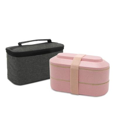 China New Arrival Microwavable Two Layer Plastic Wheat Straw Rectangle Lunch Box Bento Boxes With Thermal Bag Packing Set for sale