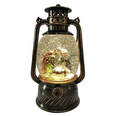 China Christmas Chirstmas Decor Glitter Mini Lantern Led Nativity Musical Swirl Snow Globe for sale