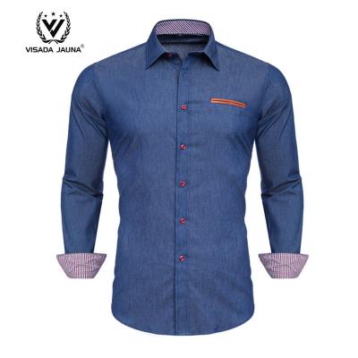 China Anti-pilling Drop Shipping Anti-pilling Leather Men's Jeans Shirt Cotton Denim Long Sleeve Pocket for sale