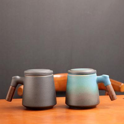 China Japanese Style Viable Ceramic Mug Tea Cup With Infuser And Lid Coffee Mug With Strainer And Wooden Handle for sale