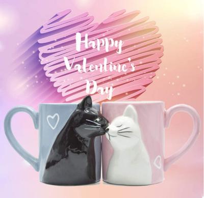 China 2022 Valentines Day Valentines Day Mug Set Design Cat Kiss Couple Coffee Mug Set Unique Ceramic Coffee Mug for sale