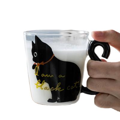 China Viable creative cute cartoon cute cat cup white and black cute coffee milk tea glass water kids attack cat for sale