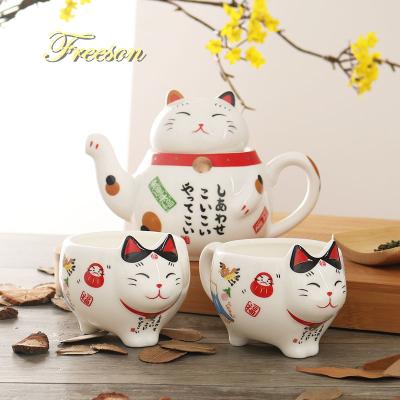 China Creative Viable Japanese Cute Lucky Tea Set Porcelain Cat Tea Cup Ceramic Pot With Strainer Handsome Plutus Cat Teapot Mug for sale