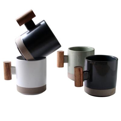 China Sustainable Modern Matte Black Custom Ceramic Mug With Bamboo Handle for sale