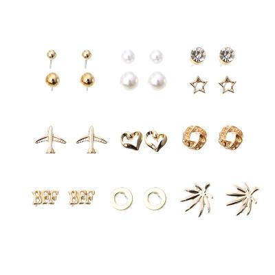 China New cute hot sale fashion maple leaf airplane letter earrings 12 pairs set kinds of earrings for girls for sale