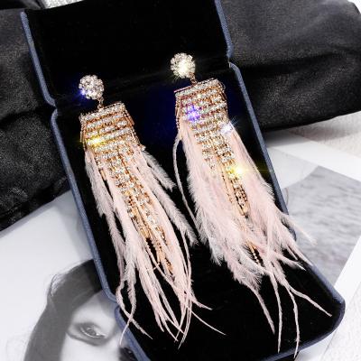 China TRENDY 925 Silver Needle Rose Ostrich Hair Rhinestone Earrings Long Fringed Female Feather Earrings for sale