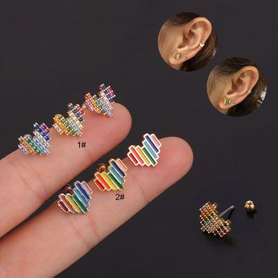 China CLASSIC Cute Korean Colorful Heart Shaped Screw Zircon Hot Selling Metal Cartilage Stud Earrings For Women for sale