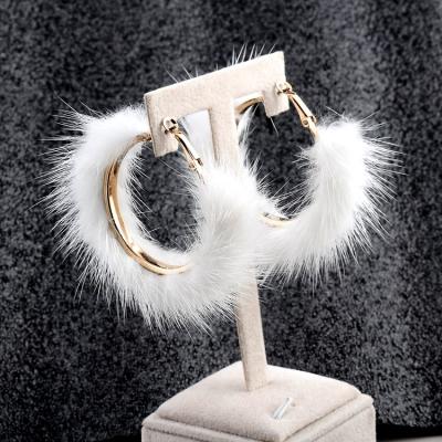 China CLASSIC popular furry big mink fur hoop earrings large circle round ear hoop earrings for sale