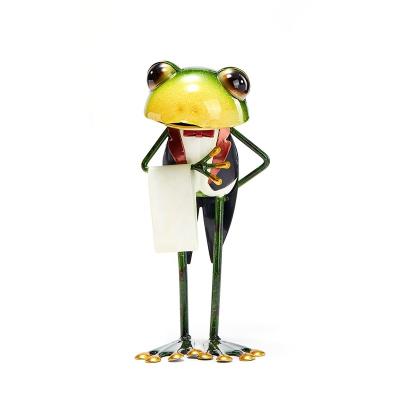 China New Traditional Waiter Frog Figurine, Tuxedo Frog Garden Stand Decor Green Metal Sculpture with Towel for Home Decoration for sale