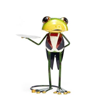 China Traditional Modern Home Decor Green Waiter Figurine Metal Frog Gentleman Frog Sculpture With Serving Tray For Garden Decor for sale