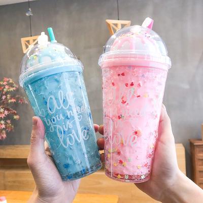 China Viable Creative Double Wall Ice Cream Cups With Straw Outdoor Tumbler Cute Student Plastic Summer for sale