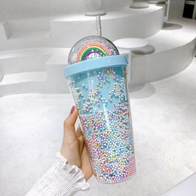 China Double Layer Sustainable Plastic Tumbler With Straw INS Style Girls Home Office Breakfast Milk Juice Water Cup for sale