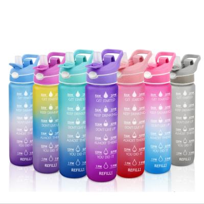 China Stocked 1 liter 32 oz bpa free plastic water bottle frosted straw spray motivational water bottles with time marker for sale