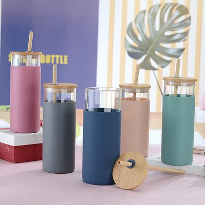 China Viable Tumbler Drinking Glass Bottle With Bamboo Lid and Straw Juice Silicone Sleeve Water Bottle for sale