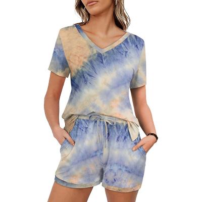 China Both QUICK DRY 2 Piece Outfits For Women V Neck Tie Dye Solid Colors Lounge Pajamas Sets With Pockets Summer Full Shorts for sale