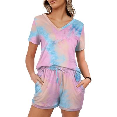 China Both QUICK DRY 2 Piece Outfits For Women V Neck Tie Dye Solid Colors Lounge Pajamas Sets With Pockets Summer Full Shorts for sale