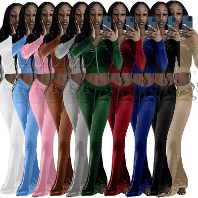 China Breathable Hot Selling Velvet Teams Zipper Crop Hoodie Tracksuit Top And Pants 2 Piece Set Tracksuit For Women for sale