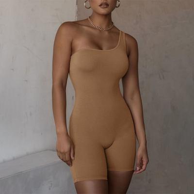 China Bodycon Solid Color Breathable Sexy One Shoulder Rompers Backless Yoga Gym Shorts Jumpsuits For Women for sale