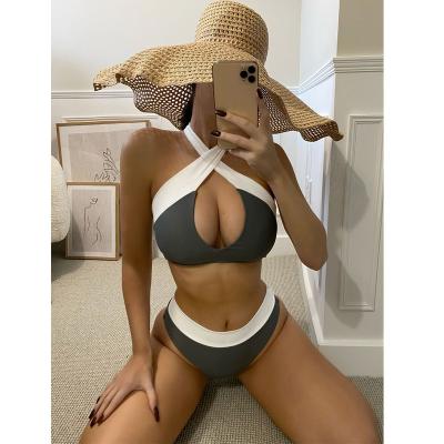 China Breathable Sexy Black White Color Contrast Bikinis Halter Neck Girls Fashion Two Piece Set for sale