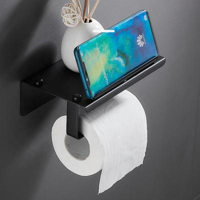 China Durable No Drilling Self Adhesive Funny 304 Stainless Steel Bathroom Roll Wall Mounted Toilet Paper Holder With Phone Shelf for sale