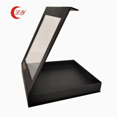 China Recycled Materials Matte Black Custom Magnetic Closure Magnetic Paper Luxurious Jewelry Gift Box Packaging With PVC Window for sale