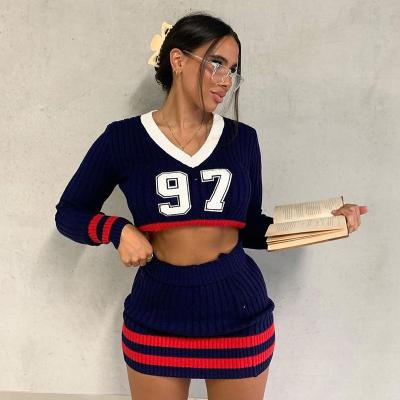 China Letter Embroidery Breathable Lygens Women Knitted 2 Piece Stripe Mini Skirt Set Ribbed Long Sleeve V-Neck Top Crop Autumn Winter 2021 for sale