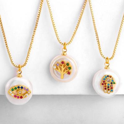 China BOHEMIA Moyamiya Jewelry Vendor Gold Planted Rainbow Zirconia Necklace Brass Gold Plated Eye Tree Of Life Palm Shell Pendant Necklace for sale