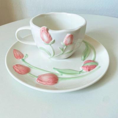 China Newest Viable Tulip Embossed Ceramic Plate Cake Fruit Dish Round Dessert Dish Porcelain Salad Bow Household Tableware Set for sale