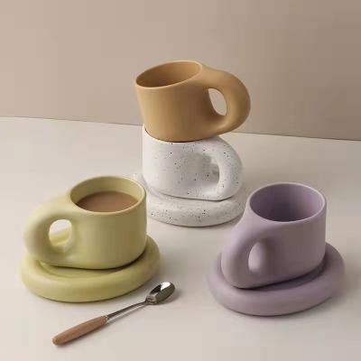 China Sustainable Nordic Ceramic Chubby Cute Coffee Cup And Saucer Set Unique Design Custom Fat Tea Cup 320ml Ceramic Cup For Gift for sale