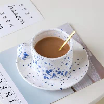 China Newest beautiful viable customized dotted creative handcrafted handcrafted couple mugs splatter ink mugs ceramic cup and saucer set for sale