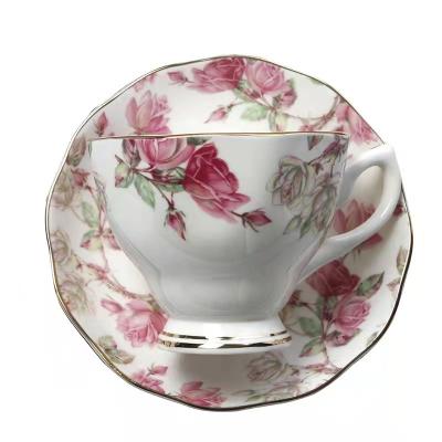 China Amazon Viable Hot Sale Bone China Coffee Cup And Saucer Set English Fine Gold Edge Tea Cups With Flower Pattern for sale