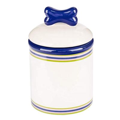 China Dogs and Cats Ceramic Dog Treat Jar with Blue Bone Lid for sale